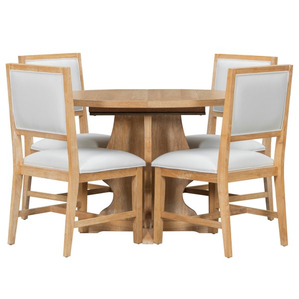 Farmhouse 5-Piece Dining Set with Extendable Table & 4 Upholstered Chairs, 15.7" Removable Leaf for Extra Seating, Ideal for Dining Room, Kitchen & Living Room