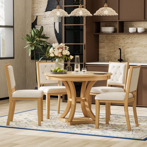 3-142.jpg Retro 5-Piece Dining Set: Extendable Round Table & 4 Upholstered Chairs for Dining Room & Living Roo