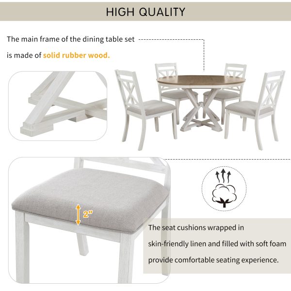 3-158.jpg 5-Piece Retro Functional Dining Set, Extendable Round Table & 4 Upholstered Chairs for Dining Room & Living Room