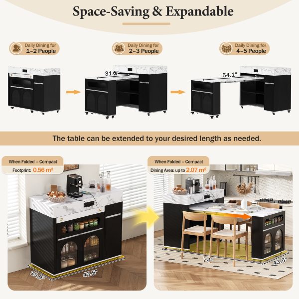 Extendable Extra-Long Folding Dining Table + Rolling Kitchen Island with Drawers, Power Outlet & Brake Lock, Storage Cabinet for Kitchen & Dining Room