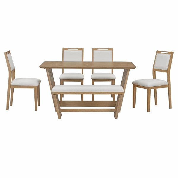 6-Piece Retro Dining Set for 6, 60" Wooden Kitchen Table with 4 Chairs & Bench, Trestle Base for Kitchen & Dining Room