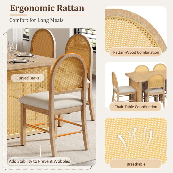 7-Piece Farmhouse Dining Set for 6, 59.8" Rectangular Table with Distressed Oak Veneer & 6 Rattan Chairs, Rustic Furniture for Dining Room & Kitchen