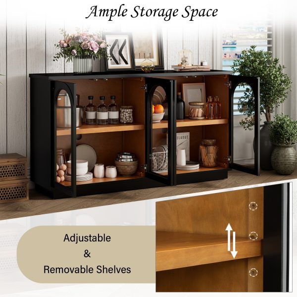 4-Door Large Arched Buffet Cabinet with Glass Doors & Adjustable Shelves, Storage Sideboard for Kitchen, Dining Room & Living Room