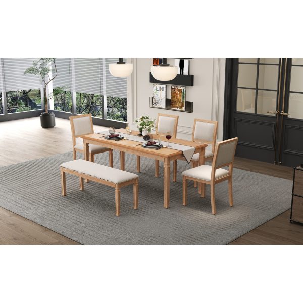 3-177.jpg Vintage Extendable Dining Set for 6 with 4 Chairs & 1 Bench, 59"-72" Rustic Farmhouse Table Set Featuring Distressed Finish & Retro Carved Legs