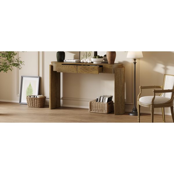 3-182.jpg Natural Wood Grain Console Table with Fluted Detail, Oval Top & 2 Drawers, Versatile Entryway Table for Hallway & Living Room