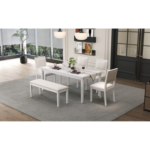 Vintage Extendable 6-Person Dining Set with 4 Chairs & Bench, 59-72 Inch Rustic Farmhouse Kitchen Table with Distressed Finish & Retro Carved Legs