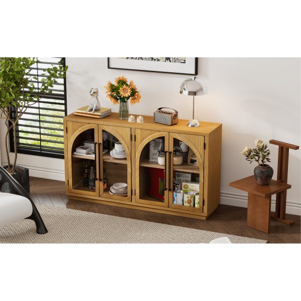 Large 4-Door Storage Buffet Sideboard with Glass Doors, Arched Cabinet with Adjustable Shelves for Kitchen, Dining Room & Living Room