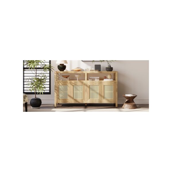 Bohemian Rattan Buffet Storage Cabinet with Solid Wood Frame, 3-Position Adjustable Shelves & Push-to-Open Handle-Free Design for Living & Dining Rooms