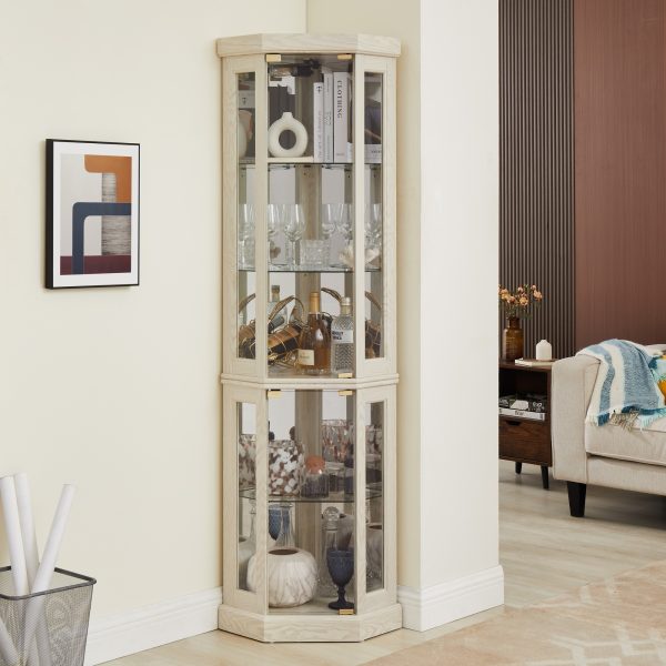 Lighted Corner Glass Curio Cabinet, Display Case for Living Room, Ideal for Antiques, Wine & Bar Glass Storage (Light Included)