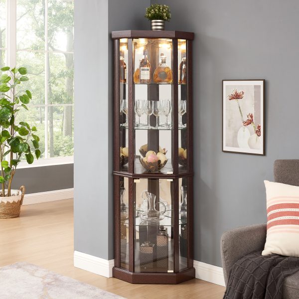 Corner Lighted Glass Curio Cabinet C Corner Display Case for Living Room, Ideal for Antique Collections, Wine & Bar Glass Storage (Light Included)