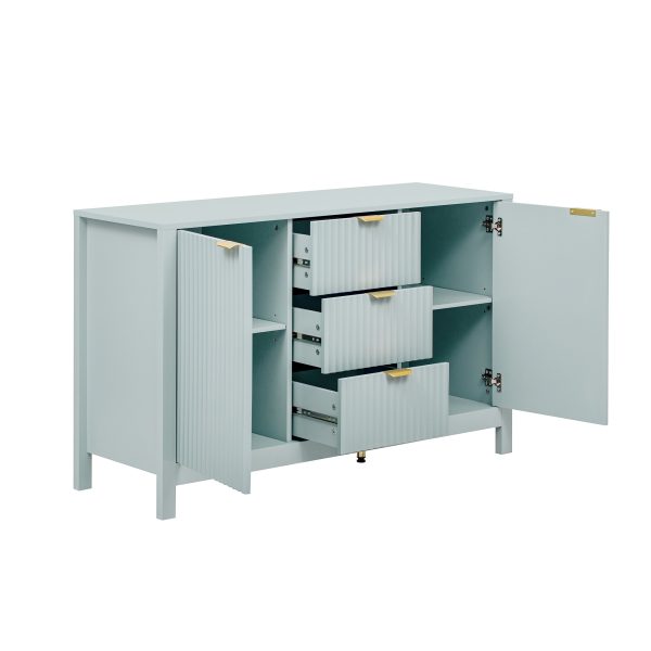 Wave Design Sideboard with 3 Adjustable Shelves, 3 Drawers and Soft-Close Doors. This storage console table features metal handles, is ideal for study, hallway and living room use, and comes in 3 colors.