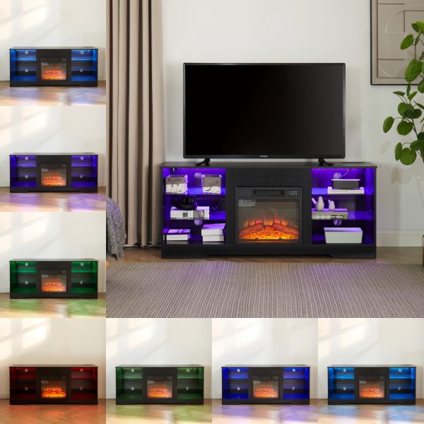 Electric Fireplace TV Stand with 3D Flame, LED Lights, Glass Shelves & USB Charging, Modern Wooden Media Center
