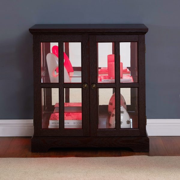 3-206.jpg LED Lighted Curio Display Cabinet with Lattice Doors, Retro Style Storage Bookcase with Adjustable Shelves, Elegant Antique Showcase for Home Decoration & Organization