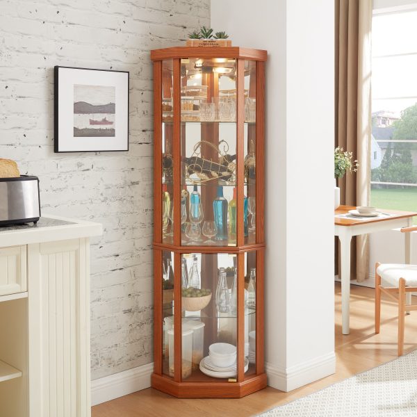 3-208.jpg Lighted Corner Curio Cabinet, Glass Display Case with Included Light for Living Room C Perfect for Antique Collections, Wine & Bar Glass Storage