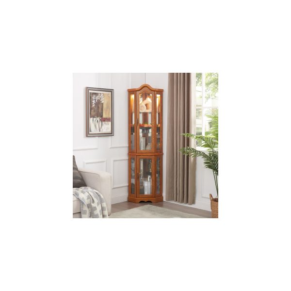 Lighted Corner Glass Curio Cabinet with Tempered Glass Doors & Shelves, Crown?Style Display Cabinet with Built?in Bulb, Decorative Corner Storage for Living Room & Bedroom
