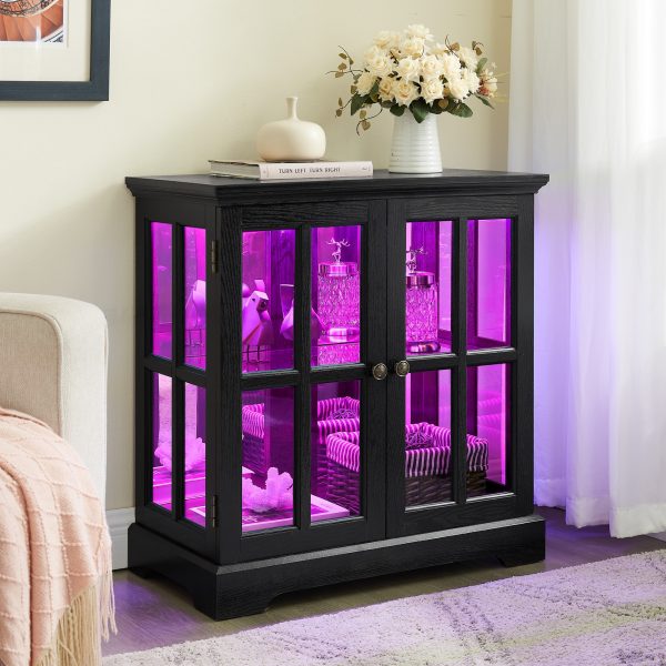3-225.jpg LED Curio Display Cabinet, Antique-Style Showcase with Adjustable Shelves, Retro Design with Lattice Doors, Elegant Bookcase & Storage Cabinet for Home Decoration & Organization