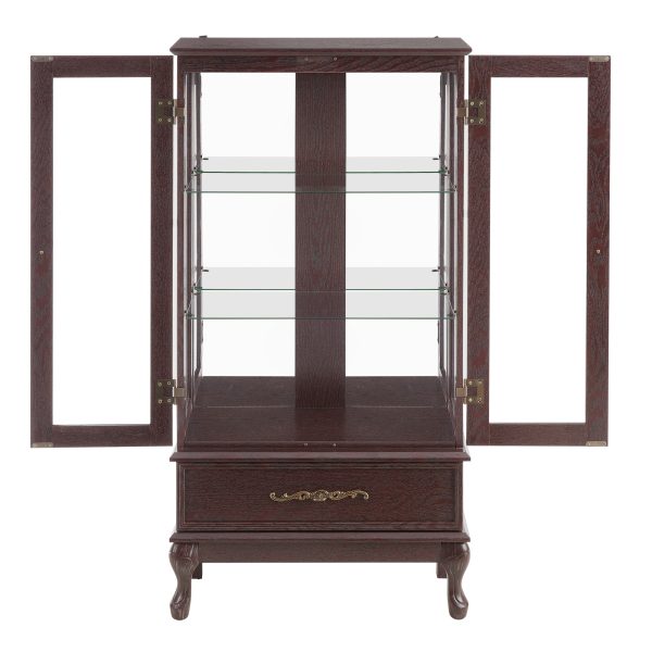 Lighted Glass Curio Cabinet with Adjustable Glass Shelves, 2 Doors & 1 Drawer, Multifunctional Display/Wine Storage Cabinet, Sideboard with Included Bulb