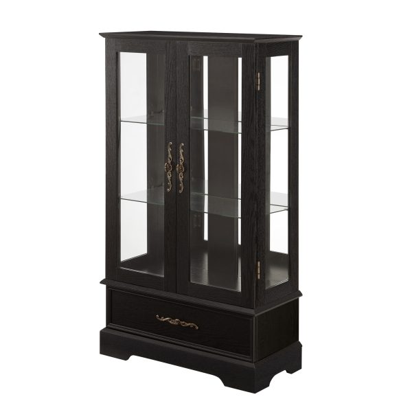 Lighted Glass Curio Cabinet with Adjustable Shelves, Elegant 2-Door Display Cabinet Featuring a Built-in Drawer, Bulb Included