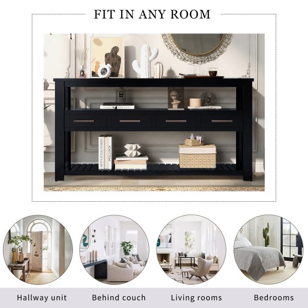 61.5'' Large Entryway Console Table with 4 Drawers & 3-Tier Open Shelves, Painted Design with Metal Handles, Versatile Sofa Table for Living Room, Bedroom, Foyer & Kitchen