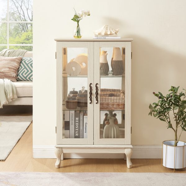2-Door Curio Cabinet with Tempered Glass Doors, Mirrored Back Panel & Adjustable Shelves C Lighted Display Cabinet with Bulb Included for Home and Office