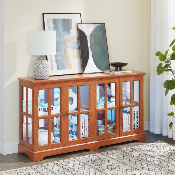 LED Lighted Antique Curio Display Cabinet with 4 Glass Doors & Adjustable Shelves, Vintage Showcase for Collectibles, Home & Office Display Case