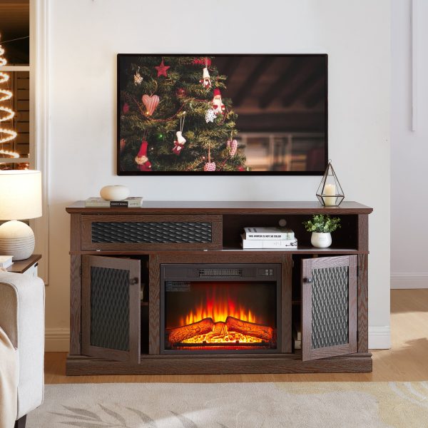 Embossed Pattern TV Stand with 23" Fireplace Insert, Media Console with Open & Closed Storage & Sliding Door for Living Room & Bedroom