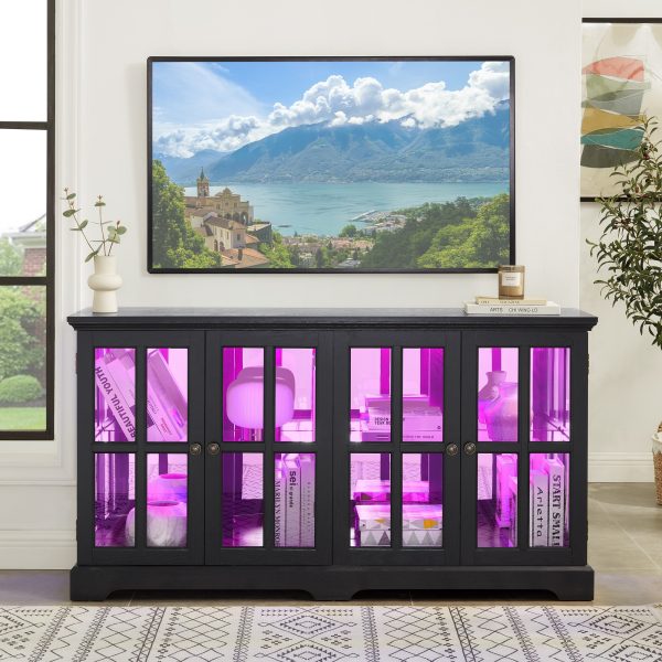 3-286.jpg LED-Lit Antique Curio Display Cabinet with 4 Glass Doors & Adjustable Shelves, Vintage Showcase for Collectibles, Home & Office
