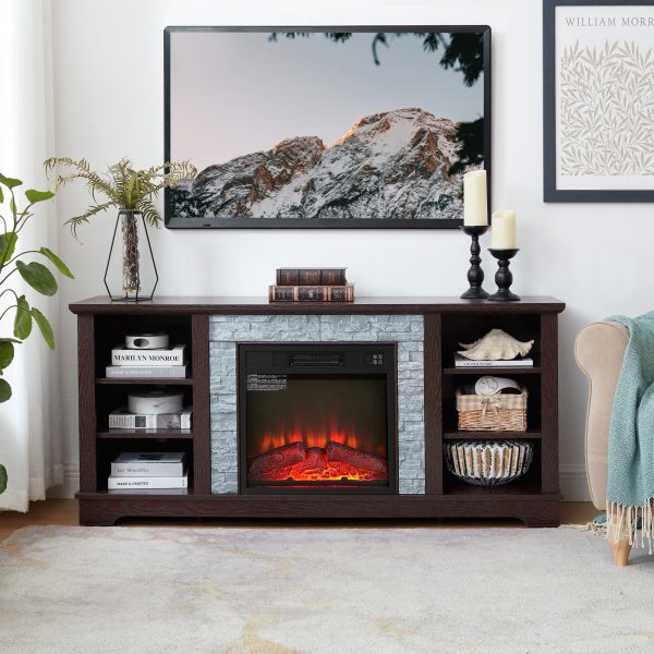 3-287.jpg Mantel Electric Fireplace TV Media Stand with Faux Stacked Stone Surround, Modern Entertainment Console with Open Storage & 18" Fireplace Insert