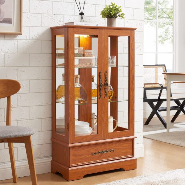 Lighted Glass Curio Display Cabinet with Adjustable Glass Shelves, 2 Doors & 1 Drawer C Light Bulb Included