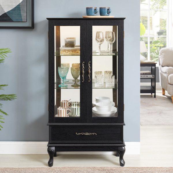 3-303.jpg Lighted Curio Cabinet with 2 Glass Doors, Adjustable Shelves & Drawer - Light Black Finish, Wine Display & Home Storage Decor