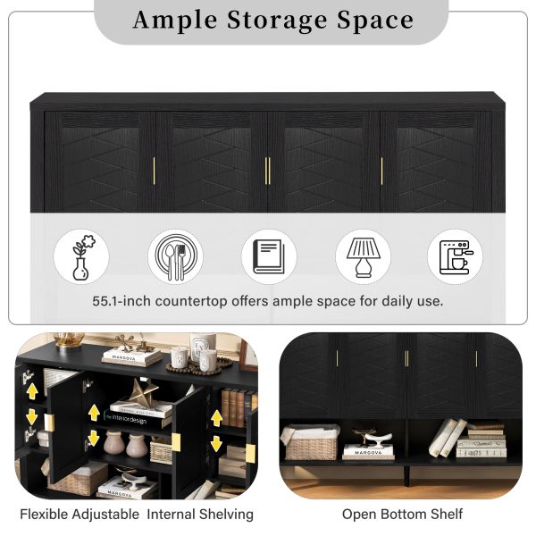 Multi-Functional 4-Door Storage Sideboard with Open Shelf & 2-Tier Adjustable Shelves, Modern Cabinet with Double Hooks for Living Room, Hallway, Dining Room & Office