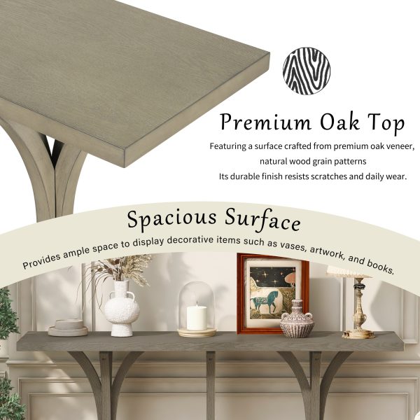 59.8'' Wooden Console Table with Oak Veneer Tabletop, Farmhouse Entryway Table with Slender Curved Rubber Wood Legs, Ideal for Living Room, Entryway, Hallway and Dining Areas