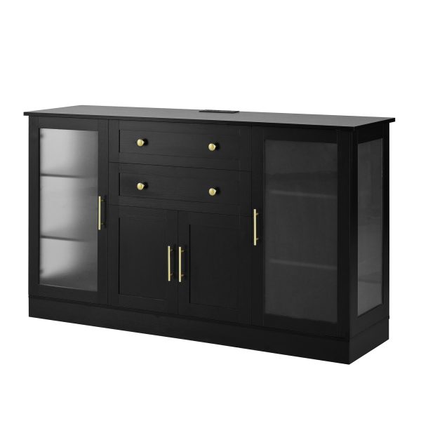58.3" Modern Buffet Sideboard with 4 Doors, 2 Drawers, Adjustable Shelves, Built-in Power Outlet, Acrylic Panels & Aluminum Alloy Handles, Storage Cabinet for Dining Room, Living Room and Kitchen