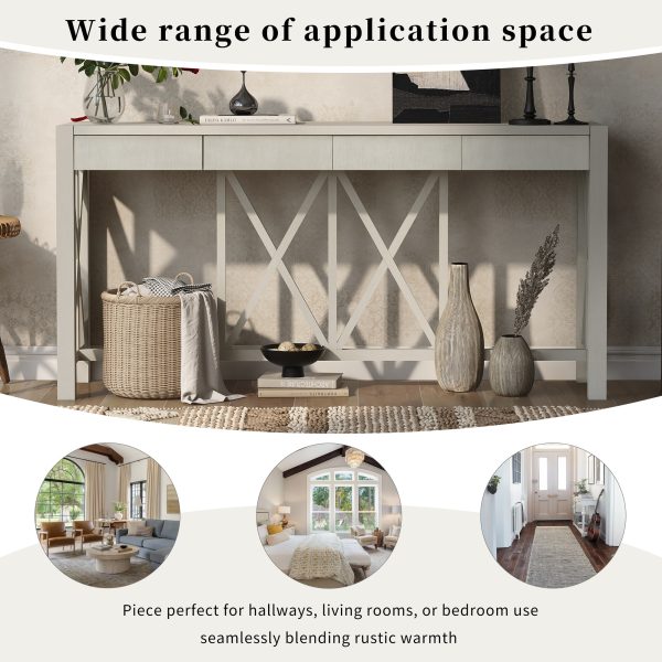 60-Inch Acacia Veneer Console Table | 4 Spacious Drawers + Open Bottom Storage, Modern Crisscross Design, Farmhouse Style Sofa Table Suitable for Living Room, Kitchen, Dining Room & Hallway