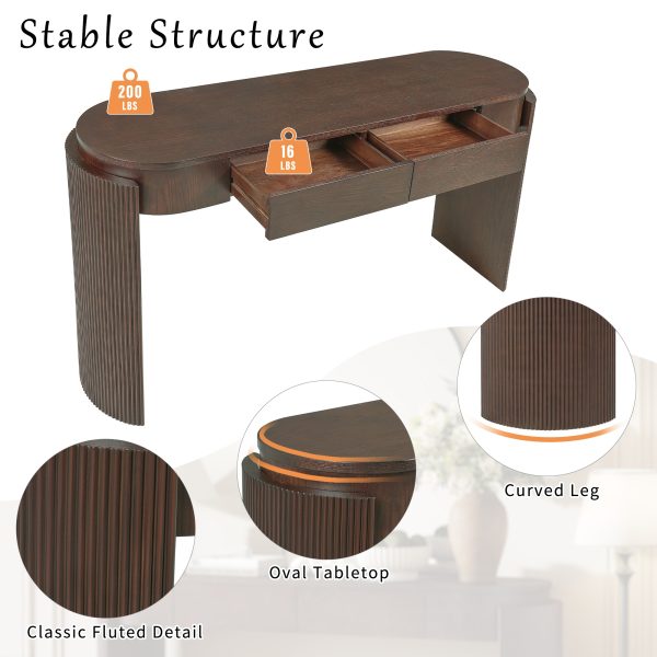 Natural Wood Grain Entryway Console Table with Fluted Design, Oval Top & 2 Drawers for Hallway & Living Room
