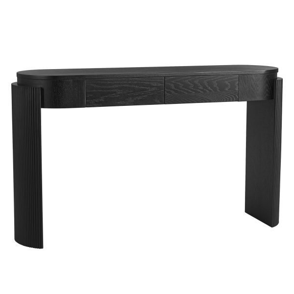 Natural Wood Grain Entryway Console Table with Fluted Design, Oval Top & 2 Drawers for Entryway & Living Room