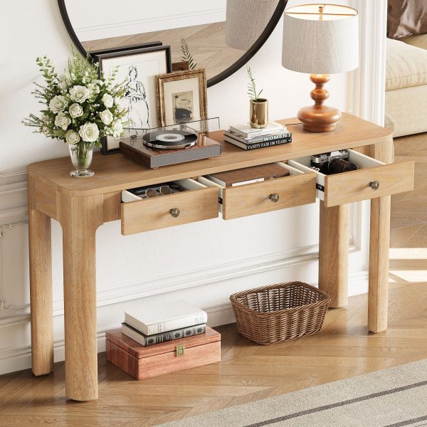 Rustic Console Table with Safety Curved Corners, 3 Concealed Drawers & Thick Sturdy Legs for Entryway, Hallway & Living Room