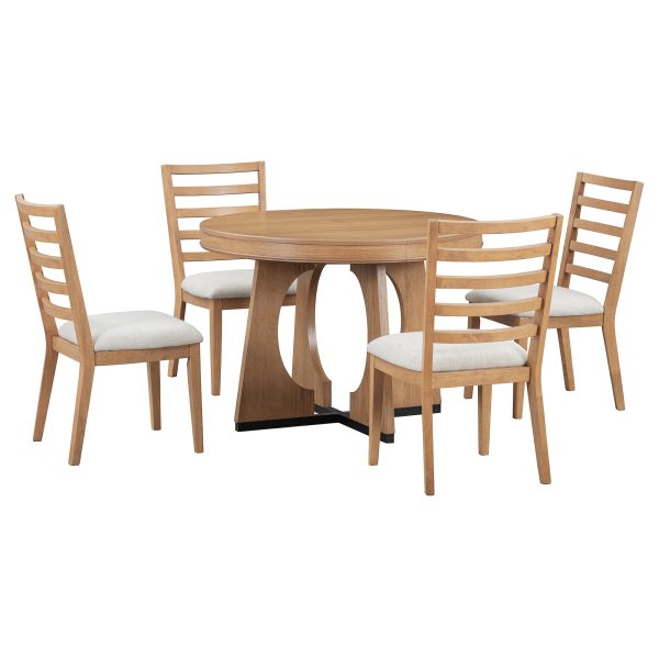 5-Piece Retro Round Dining Set for 4, Extendable Table with 16" Removable Leaf & Unique Geometric Design for Kitchen & Dining Room