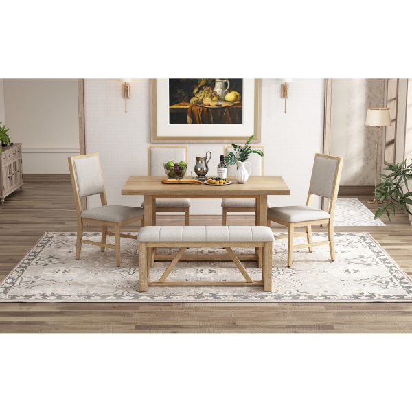 6-Piece Retro Dining Set for 6, 60" Wooden Kitchen Table with 4 Chairs & Bench, Trestle Base Design for Kitchen & Dining Room