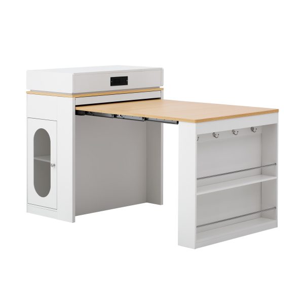 4-118.jpg Multifunctional Extendable Dining Table with Folding Top, Bar Table & Kitchen Island with Drawers, Power Outlet, Wheels and Hooks, Versatile Sideboard for Kitchen & Dining Room