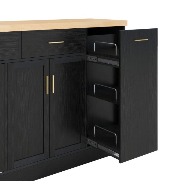 4-121.jpg Multifunctional Kitchen Storage Sideboard with Trash Can Storage, Sliding Door Cabinet & 3-Tier Spice Rack, Versatile Kitchen Island for Kitchen & Dining Room