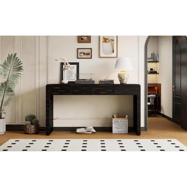 4-132.jpg Curved Wooden Console Table with 2 Storage Drawers, Farmhouse Rustic Entryway Table in Distressed Black for Hallway & Living Room
