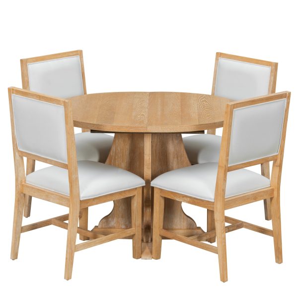 Farmhouse 5-Piece Dining Set with Extendable Table & 4 Upholstered Chairs, 15.7" Removable Leaf for Extra Seating, Ideal for Dining Room, Kitchen & Living Room