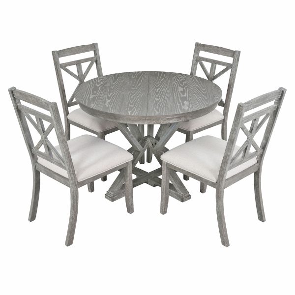 4-137.jpg 5-Piece Retro Functional Dining Set, Extendable Round Table with 4 Upholstered Chairs for Dining Room & Living Room