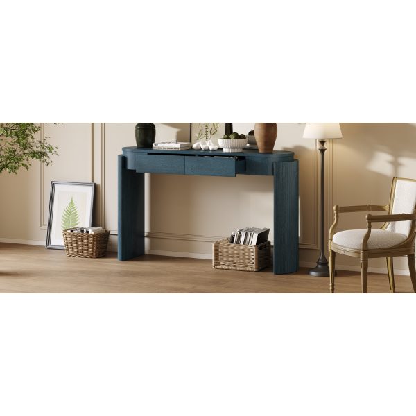 4-145.jpg Entryway Console Table with Natural Wood Grain, Fluted Design, Oval Top & 2 Drawers for Hallway & Living Room