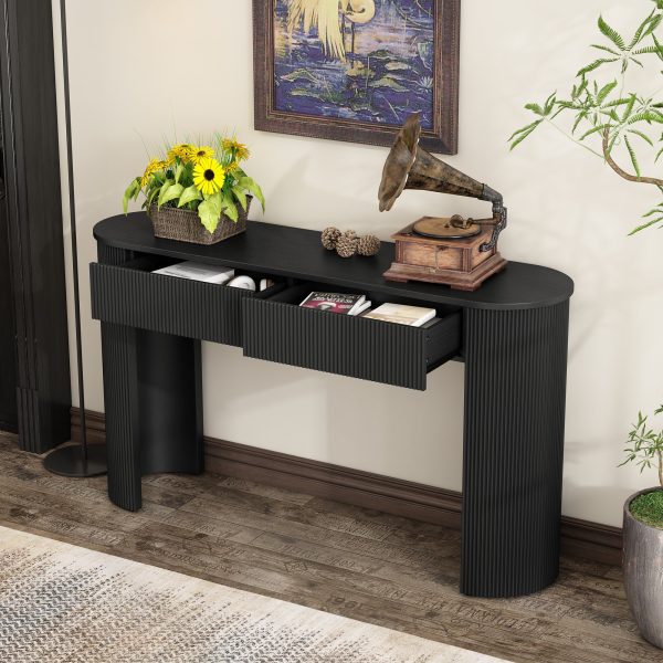 Fluted Design Entryway Table, Modern Storage Console Table with Oval Top & 2 Drawers for Hallway & Living Room