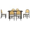 7-Piece Farmhouse Dining Set for 6, 59.8" Rectangular Table with Distressed Oak Veneer + 6 Rattan Chairs, Rustic Kitchen Furniture for Dining Room