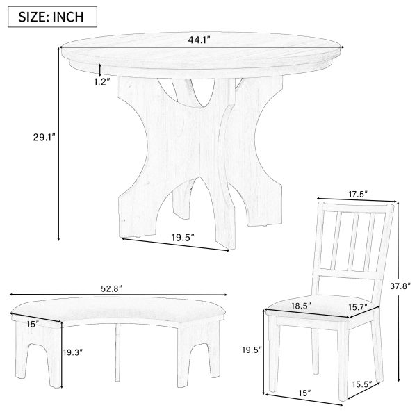 5-Piece Rustic Round Dining Set with 3 Upholstered Chairs + Curved Bench, Perfect for Dining Room/Kitchen/Living Room