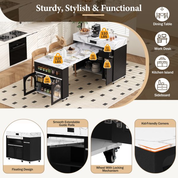 Extendable Extra-Long Folding Dining Table + Rolling Kitchen Island with Drawers, Power Outlet & Brake Lock, Storage Cabinet for Kitchen & Dining Room