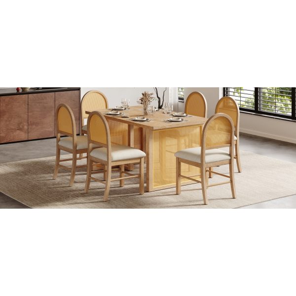 7-Piece Farmhouse Dining Set for 6, 59.8" Rectangular Table with Distressed Oak Veneer & 6 Rattan Chairs, Rustic Furniture for Dining Room & Kitchen